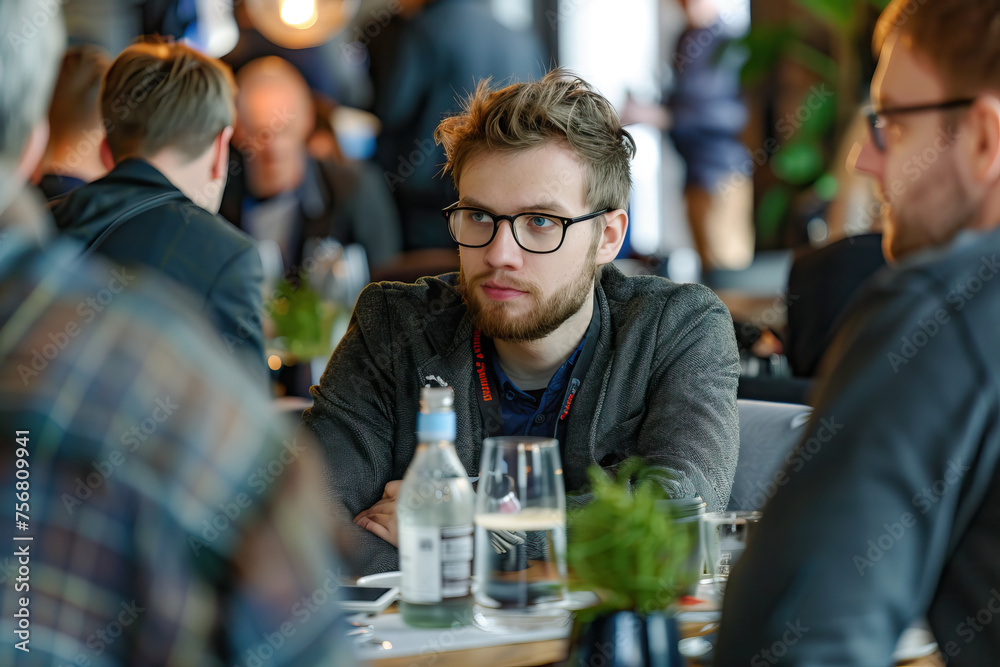 Pensive young professional with glasses at a networking event