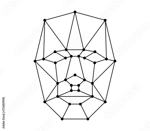 Face recognition icon. User facial biometric id scan system symbol. Person identification security badge concept. Human head polygon style wireframe. Black and white linear isolated vector eps logo