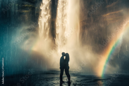 Silhouetted Couple Standing Before Majestic Waterfall with Rainbow in Mystical Landscape