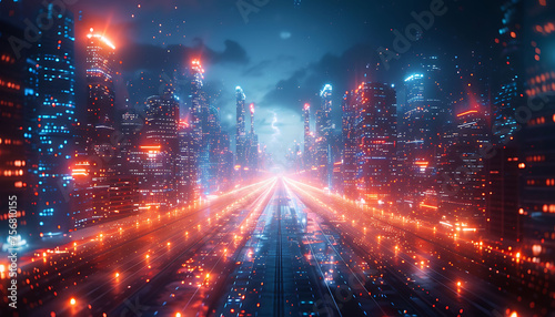 majestic and modern night city views  light speed data transfer interconnected  smart city
