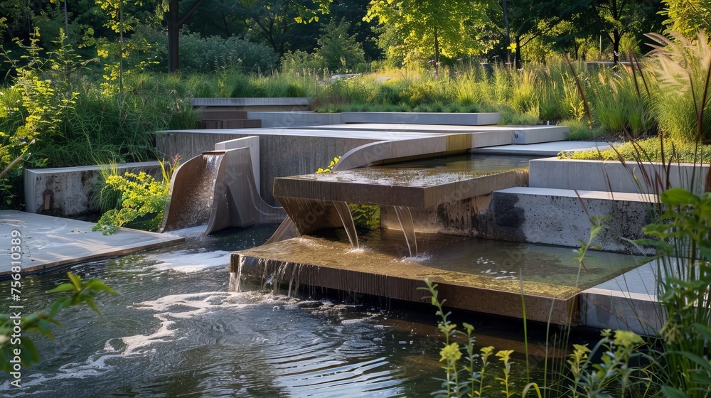 Neo-Brutalist public park with sculptural concrete elements and water features