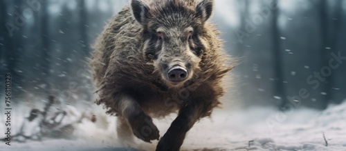 A wild boar, a terrestrial animal and carnivore from the sporting group, is running through the snowy woods with its fur coated in snow
