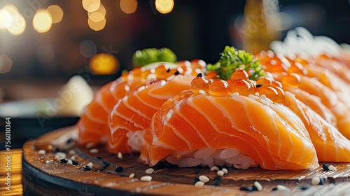 sushi salmon. Fresh raw Salmon fillet steak and sashimi on wooden board background, delicious food for dinner, japanese food