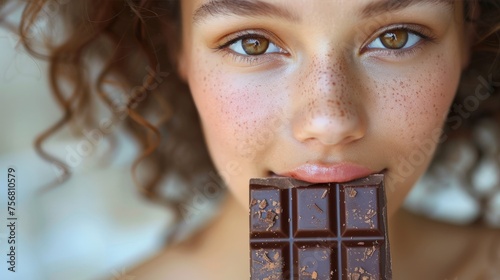 woman at home eating chocolate