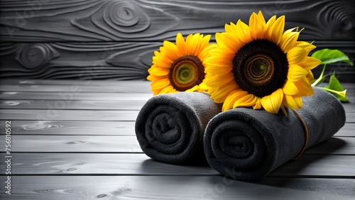 Vibrant Sunflowers on Dark Rolled Towels with Wooden Texture Background 