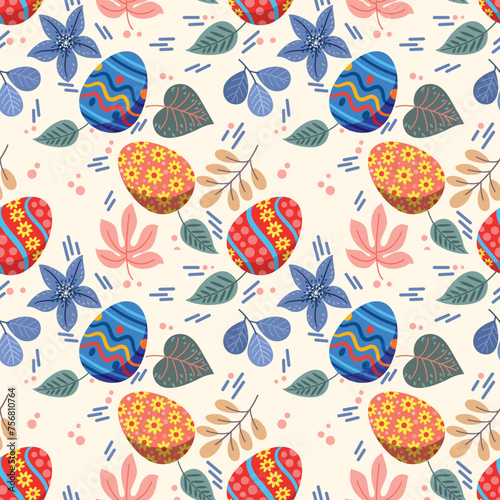 Cute colorful Easter egg with flowers and leaf seamless pattern for fabric textile wallpaper gift wrapping paper.