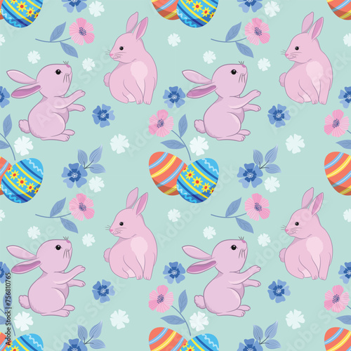 Happy Easter egg concept. Bunny with Easter egg seamless pattern for fabric textile wallpaper gift wrapping paper.