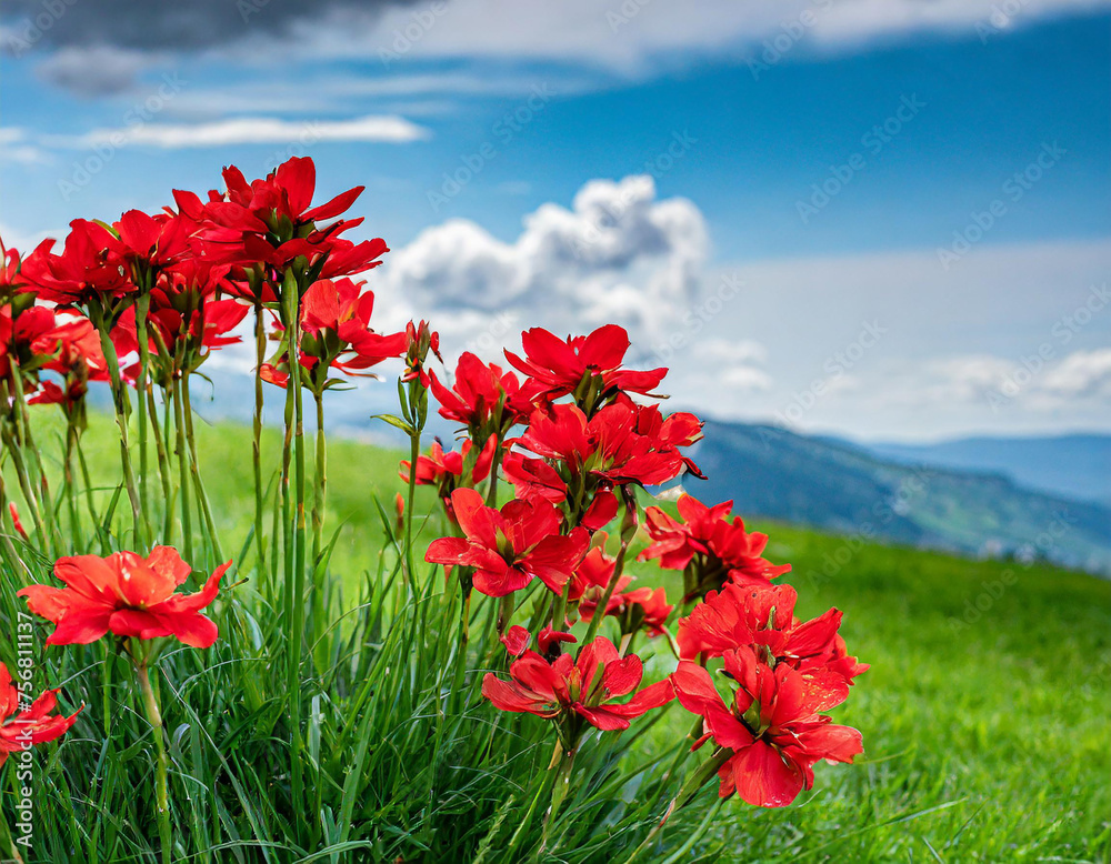 A cluster of vibrant red flowers blooms amidst the green grass, adding a splash of color to the natural landscape. The flowers stand tall and proud, swaying gently in the breeze A cluster of vibrant red flowers blooms amidst the green grass, adding a splash of color to the natural landscape. The flowers stand tall and proud, swaying gently in the breeze