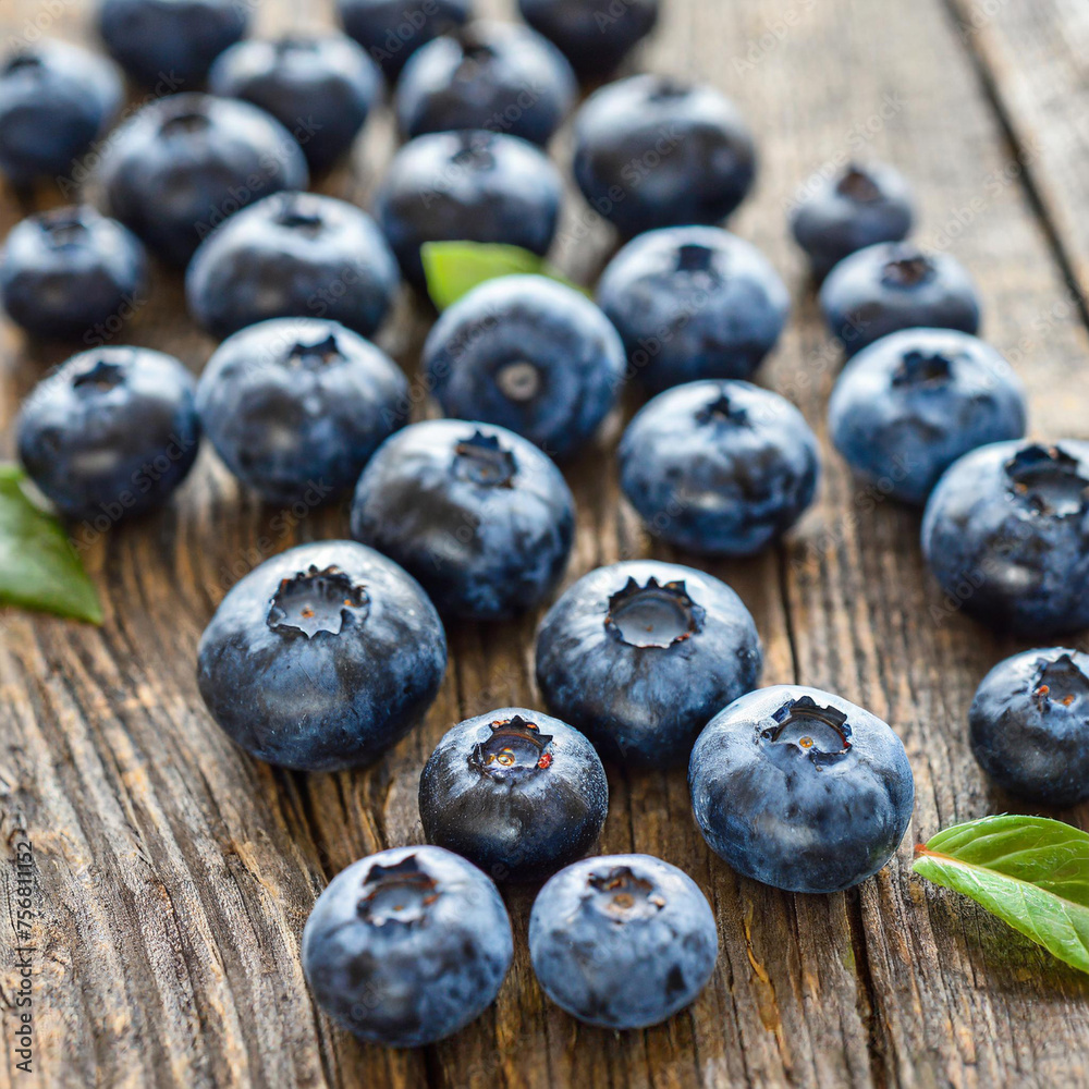 A collection of ripe blueberries arranged neatly on a rustic wooden table. The blueberries are fresh and vibrant A collection of ripe blueberries arranged neatly on a rustic wooden table. The blueberries are fresh and vibrant