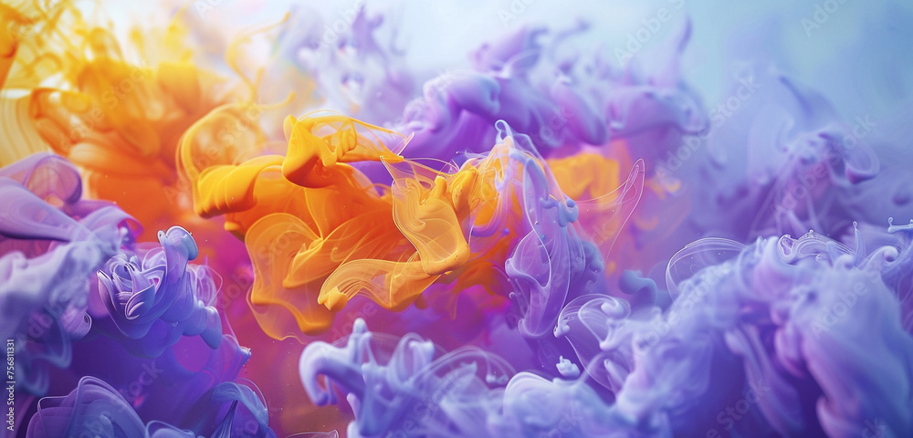 Abstract marigold and periwinkle paint patterns unfolding in a cascade of creativity