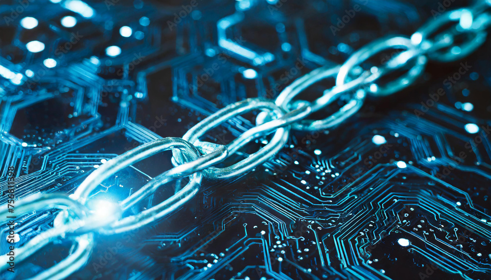 Futuristic neon blue blockchain links on a digital background, illustrating the secure connections of cryptocurrency technology Futuristic neon blue blockchain links on a digital background, illustrating the secure connections of cryptocurrency technology