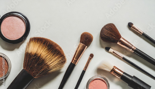 Elegant makeup brushes and beauty products arranged on a white surface