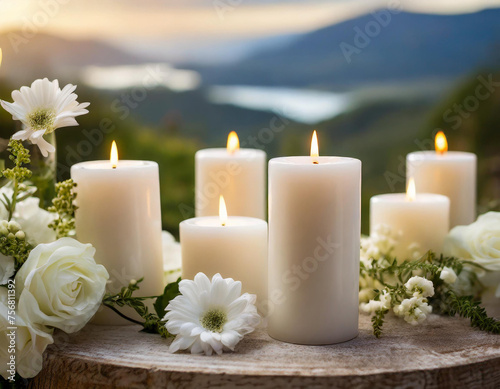 Elegant white candles amidst floral decor on a peaceful and festive background