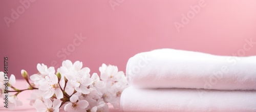 A stack of white towels adorned with white flowers reminiscent of cherry blossoms on a soft pink background, creating a delicate and calming visual gesture
