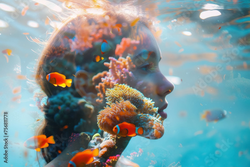 Serene Underwater World Double Exposure with a Young Woman's Profile and Tropical Fish