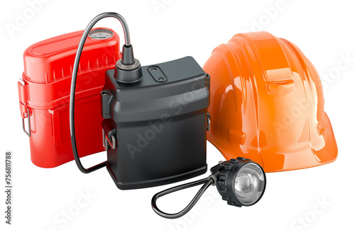 Miners cap lamp with hard hat and self-contained self-rescue device, 3D rendering isolated on transparent background