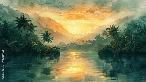 Painting of a jungle landscape. Watercolor pattern wallpaper