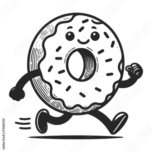 cartoon doughnut donut character with arms and legs in motion, running walking on his feet sketch engraving generative ai vector illustration. Scratch board imitation. Black and white image.