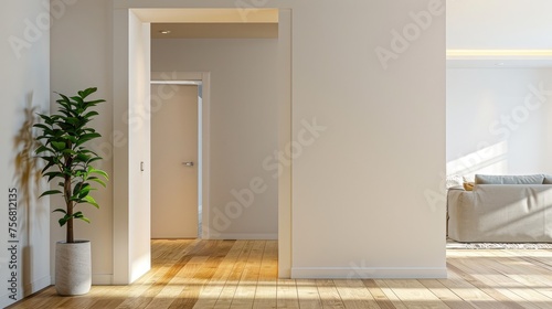 Modern style house in front of the living room has a white wall.