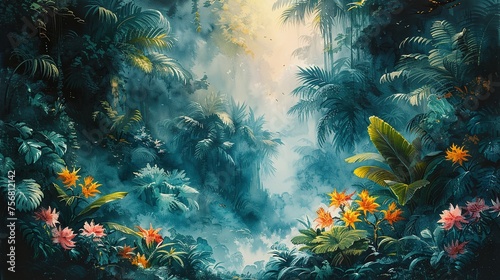 Fototapeta Naklejka Na Ścianę i Meble -  Painting of a jungle landscape. Watercolor pattern wallpaper