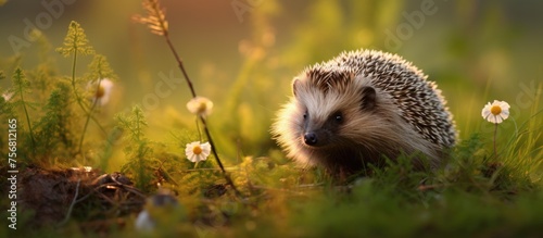 A terrestrial animal, the hedgehog, with whiskers, is standing in the grass, looking at the camera. It is a small mammal similar to a fawn or squirrel