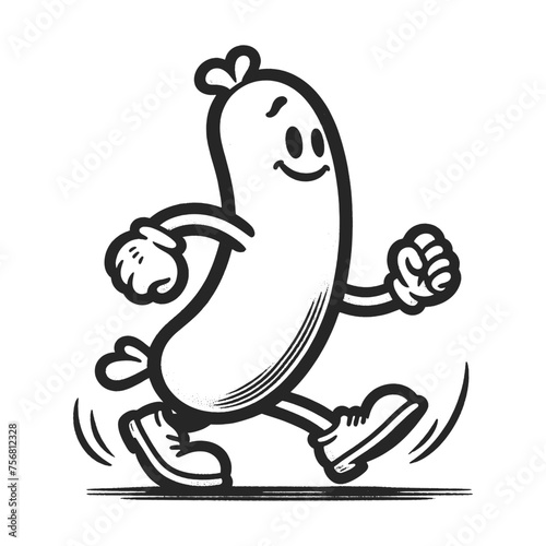 cartoon sausage walking on his feet sketch engraving generative ai vector illustration. Scratch board imitation. Black and white image.