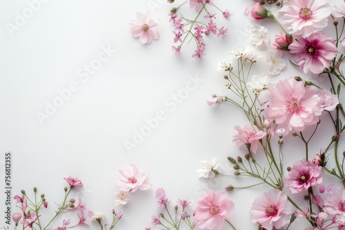 white background with soft pink wildflowers. copy space 