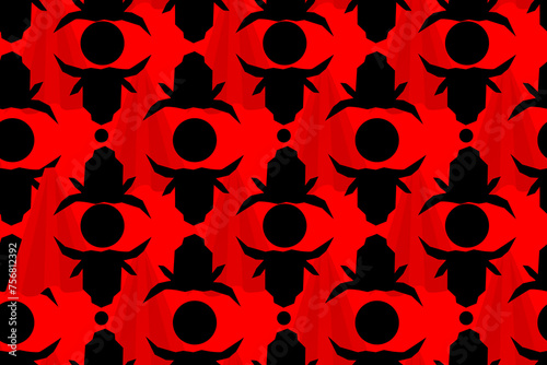  Black BULL, BISON, COW AND red cloth ornament. Animalistic ethnic traditional symbol. Logo, icon, art print, vector illustration. Seamless vector pattern.