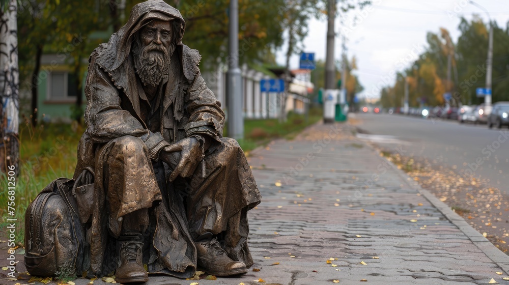 Bronze sculpture of a beggar in the city