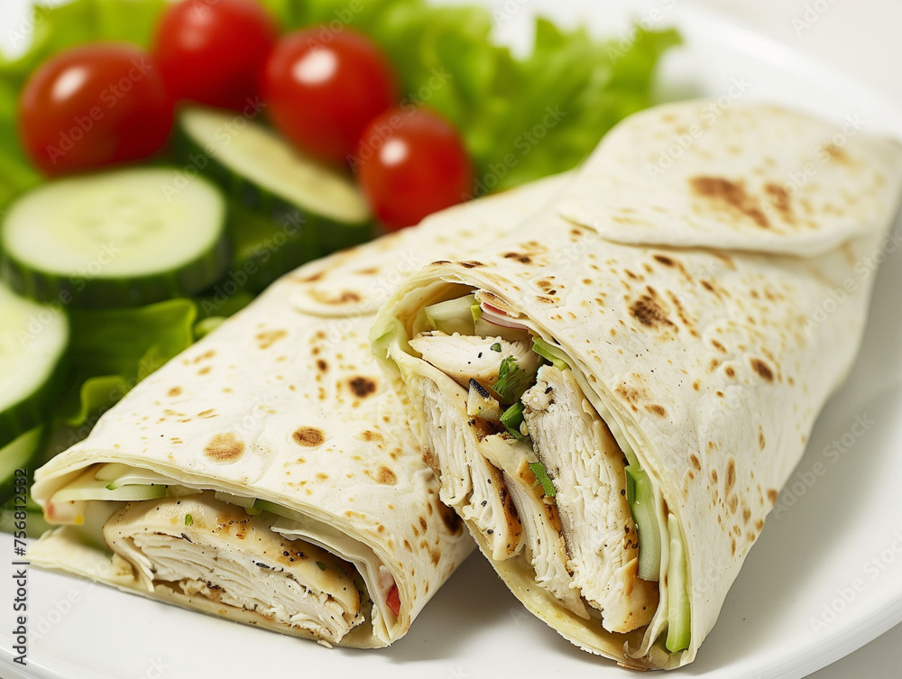 A sliced chicken Caesar wrap placed diagonally on a white plate, showcasing the filling ingredients. A side salad with cherry tomatoes and cucumber slices complements the dish A sliced chicken Caesar wrap placed diagonally on a white plate, showcasing the filling ingredients. A side salad with cherry tomatoes and cucumber slices complements the dish