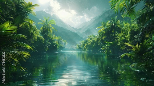 Fototapeta Naklejka Na Ścianę i Meble -  Painting of a jungle landscape. Watercolor pattern wallpaper