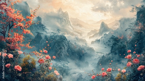 Painting of a jungle landscape. Watercolor pattern wallpaper © Jennifer