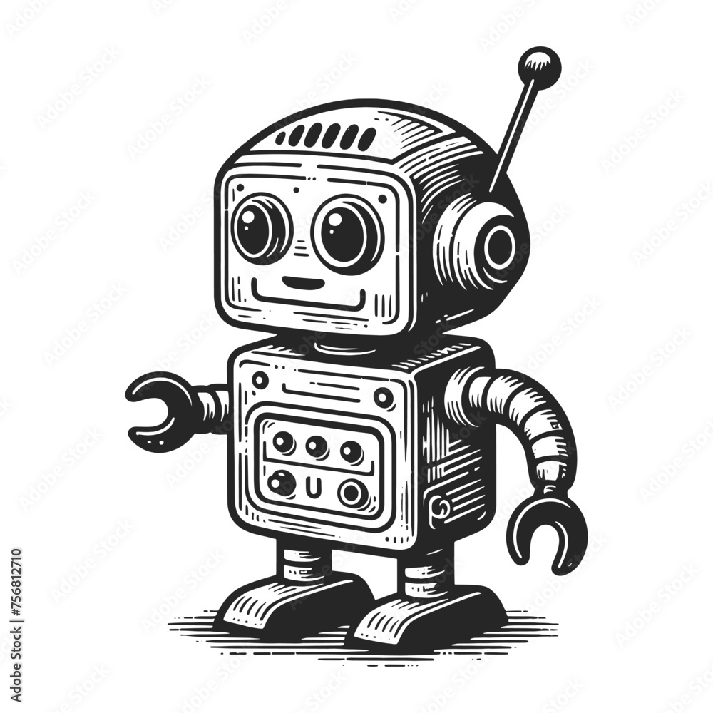 Fototapeta premium vintage robot with a friendly face and waving hand, in a retro comic style, line art sketch engraving generative ai vector illustration. Scratch board imitation. Black and white image.