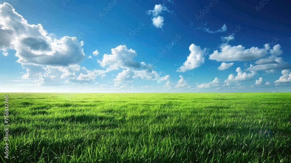 Obraz premium green field with blue sky. sunny day. beautiful sky, cloud, sun