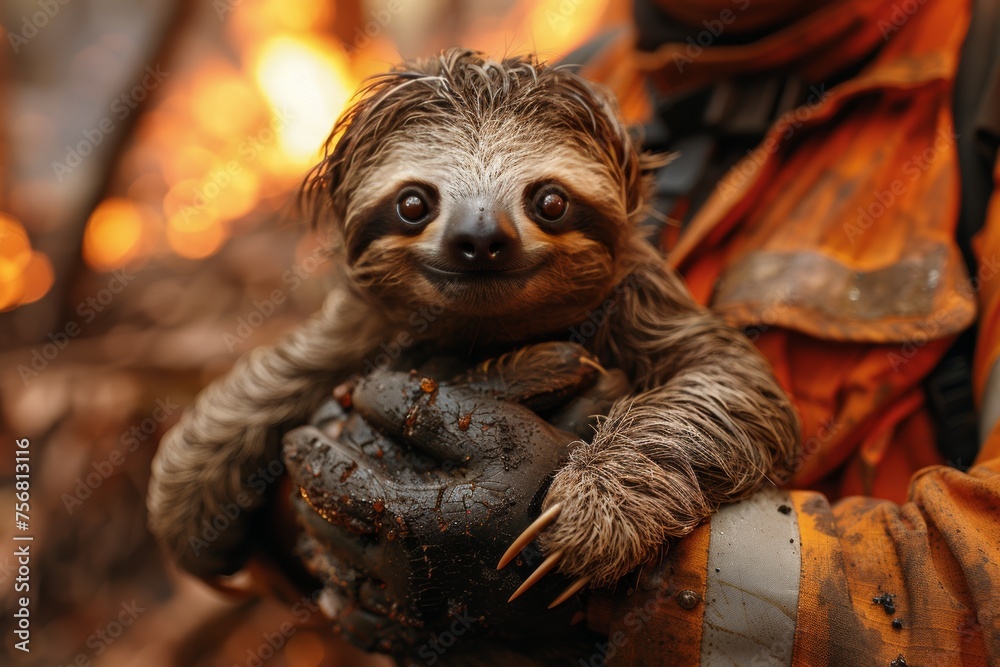 Firefighter rescuing sloth from forest fire, heroic act