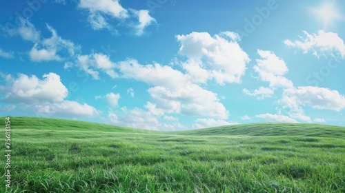 green field with blue sky. sunny day. beautiful sky  cloud  sun