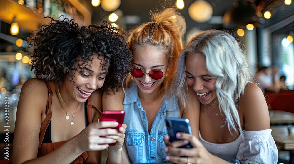 girls looking to the smartphone on a coffee shop. Group of young women playing social media with a cellphone. 