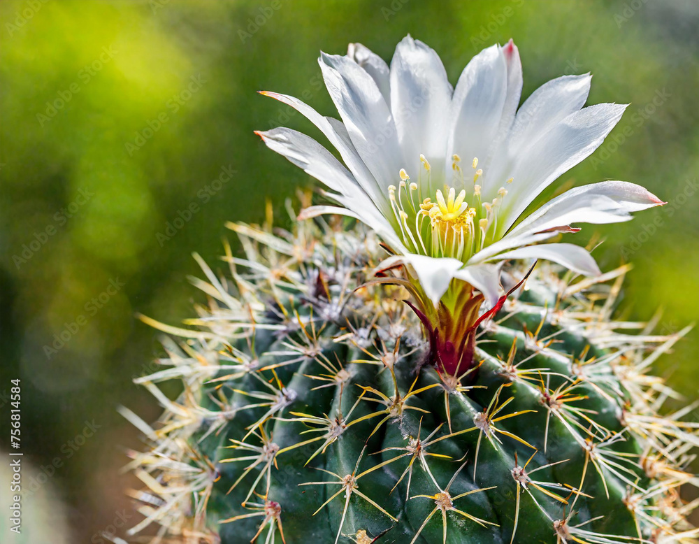 A flowering cactus stands out against a vibrant blurred background