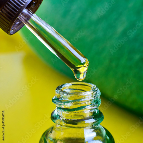 A drop of eucalyptus oil close-up macro drips from a pipette into a glass bottle on a green and yellow