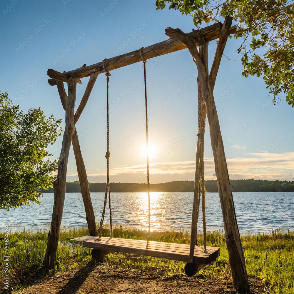 empty hanging wooden swing overlooking sunset on lake empty hanging wooden swing overlooking sunset on lake