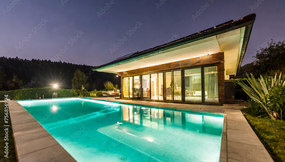 Modern Night House with Solar Panels and Swimming Pool A Sustainable Energy and Luxury Living Concept Modern Night House with Solar Panels and Swimming Pool A Sustainable Energy and Luxury Living Concept
