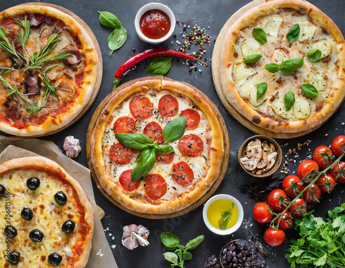 Selection of different pizzas on a black background, top view, close up