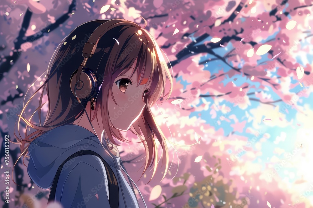 Charming anime girl in a peaceful setting Enjoying music through headphones Charming anime girl in a peaceful setting Enjoying music through headphones