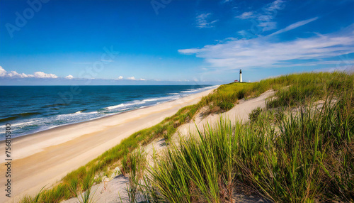 The coastal splendor of the Outer Banks in North Carolina, USA, with its pristine sandy beaches, towering sand dunes, and historic lighthouses