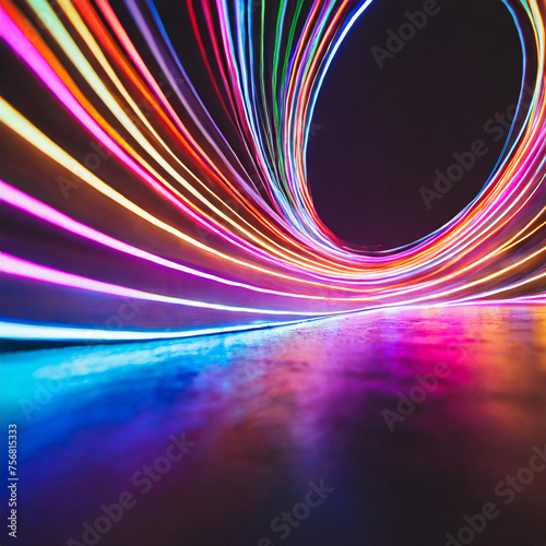A colorful, neon-lit background with a black foreground
