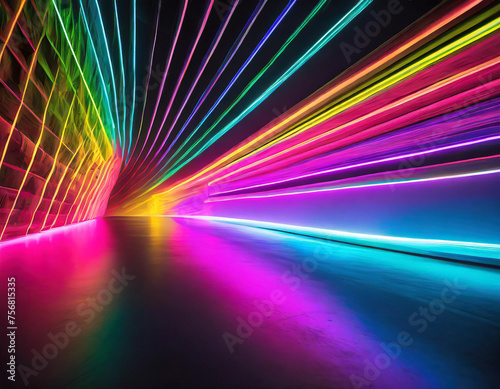 A colorful, neon-lit background with a black foreground