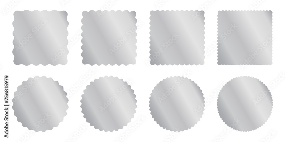 Set of silver square and circle sticker templates with wiggle borders. Shining labels, badges, price tags, coupons, stamps with wavy edges isolated on white background. Vector illustration.