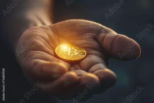 Cryptocurrency golden bitcoin coin in man hand. Cryptocurrencies. Business.Electronic virtual money