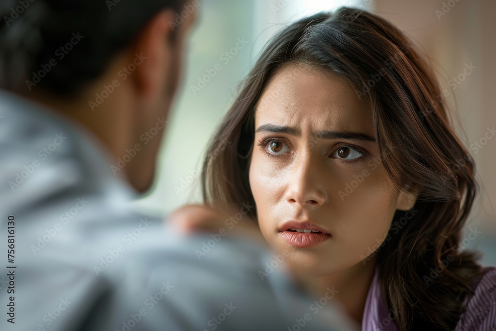 A woman with a worried glance conveys complex emotions while conversing with a person not visible in the image A woman with a worried glance conveys complex emotions while conversing with a person not visible in the image