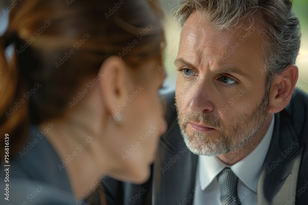 Two individuals engaged in a serious business meeting, focused on work and discussion, in professional attire Two individuals engaged in a serious business meeting, focused on work and discussion, in professional attire
